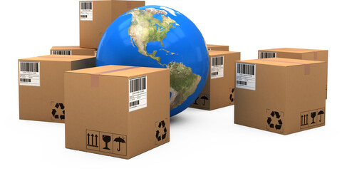 Image of globe and sealed, labelled, barcoded cardboard boxes ready for transportation