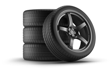 set of car tires and wheels isolated on a white background. 3d rendering - obrazy, fototapety, plakaty