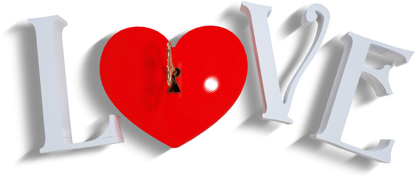 Image of love text in silver metal and heart shaped red box with key in keyhole