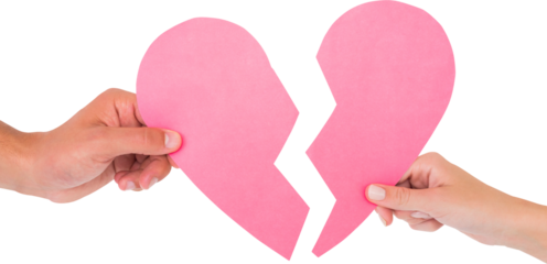 Image of hands of caucasian man and woman holding two halves of broken pink heart