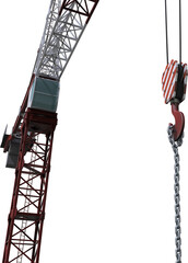 Image of industrial welded chain hanging from hook and pulley on a construction crane