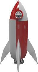 Vertical image of shiny white and red retro space rocket with porthole