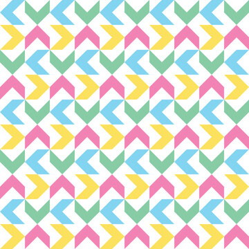 Yellow, Green, Pink And Blue Arrow Pattern On White Background. Colorful Modern Backdrop Design. Up And Down, Left And Right Direction Pattern On White Background.