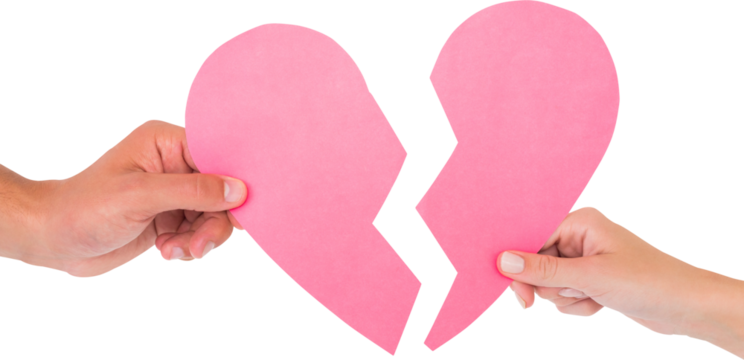 Image of hands of caucasian man and woman holding two halves of broken pink heart - Powered by Adobe