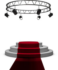 Vertical image of spotlights over white podium with red carpet