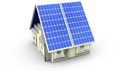 Image of blue solar panel roof on house made of dollar bill banknotes