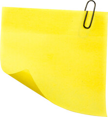 Image of blank yellow sticky memo note with copy space, paperclip and corner curling up