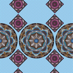 Circle detail of a mosaic mandala on speckled seamless background.