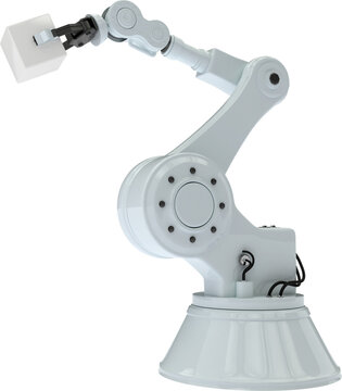 Vertical image of industrial robot arm holding cube