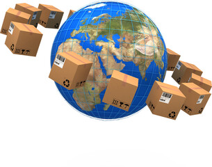 Image of of globe surrounded by sealed, labelled, barcoded cardboard boxes ready for transportation