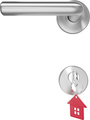 Vertical image of metal door handle and key on red house key fob in door lock