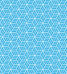 Blue maze hexagon pattern on white background. Colorful abstract art. Blue and white stripe box shape pattern.