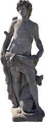 Fototapeta premium Image of grey stone weathered ancient sculpture of half naked male hunter