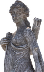 Fototapeta premium Image of grey stone weathered ancient sculpture of half naked female hunter