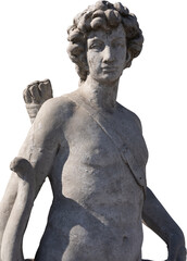 Fototapeta premium Image of grey stone weathered ancient sculpture of half naked male hunter