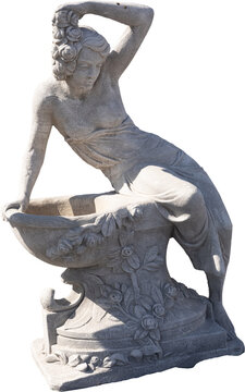 Image of grey stone weathered ancient sculpture of half naked woman sitting on fountain