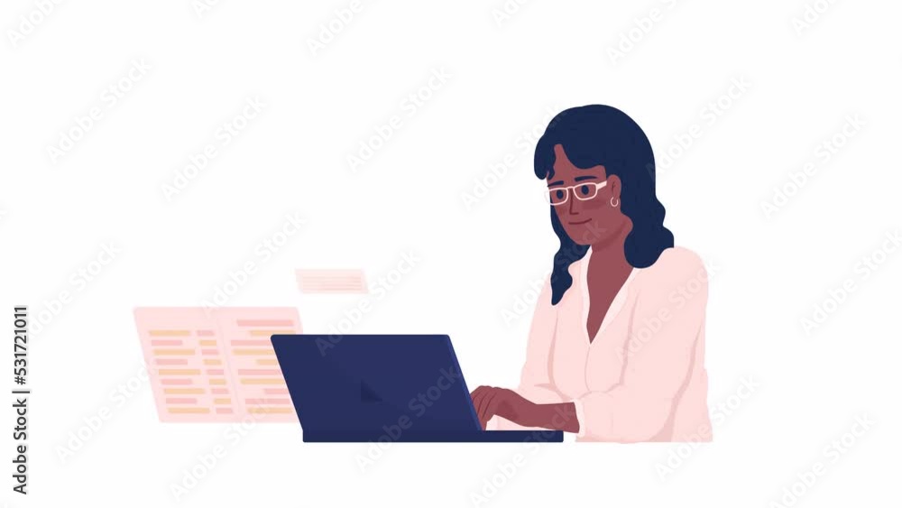 Poster animated female coder character. programming job. half body flat person 4k video footage with alpha 