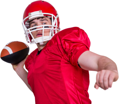 Image of male caucasian american football player in helmet holding ball