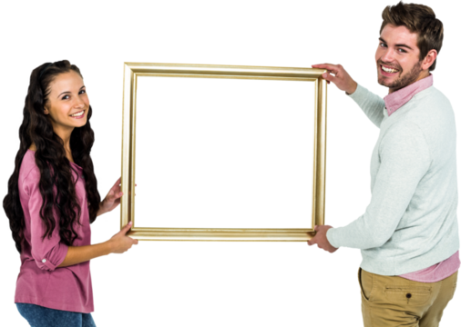 Image of smiling caucasian couple holding golden frame with copy space - Powered by Adobe