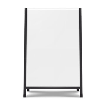 Sandwich white board with black frame front view realistic vector mock-up. Blank A-frame advertising display mockup. Outdoor sidewalk sign template for design