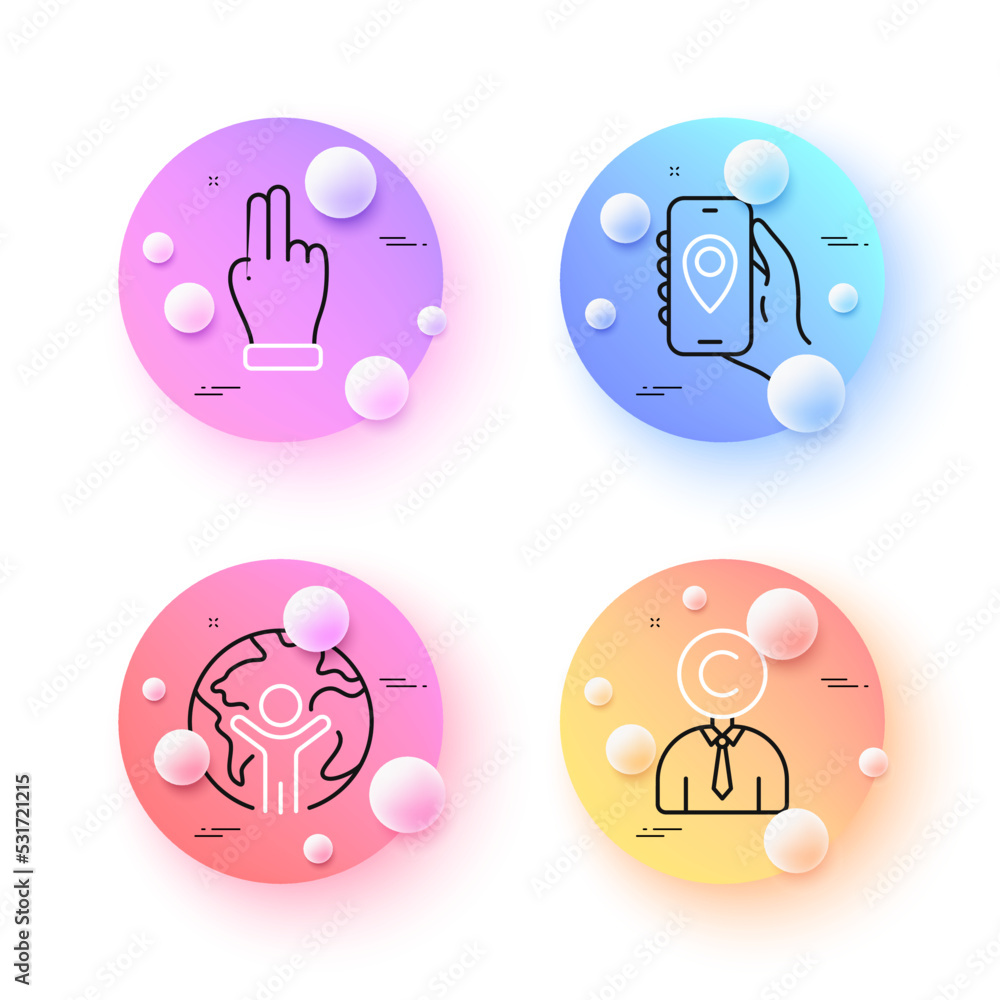 Aufkleber click hand, location app and copyrighter minimal line icons. 3d spheres or balls buttons. global bus
