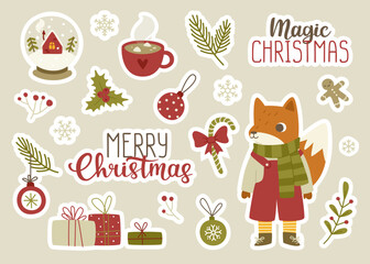 Christmas stickers set with baby fox. Cozy festive attributes vector collection. Cute christmas sticker pack.