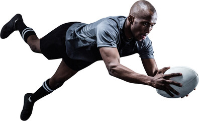 Image of male african american rugby player in air holding ball