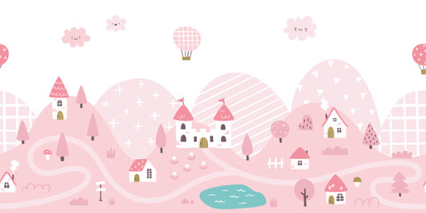 Fairy tale pink seamless bottom border. Village landscape print for nursery wall art. © Sonium_art