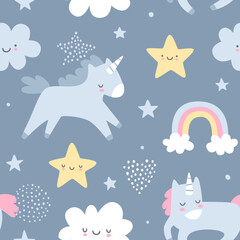 Cute night dream pattern with sleeping unicorns. Seamless vector print for girls pajamas and bedding. © Sonium_art