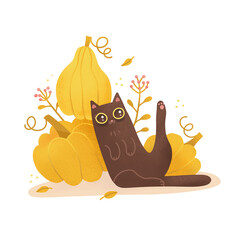 Fototapeta premium Cartoon black cat sitting with pumpkins. Funny kitty with big yellow eyes sits near a big pumpkin. isolayed concept with autumn leaves and leaf fall. Flat raster textured hand drawn png illustration.