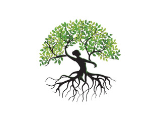 Abstract Human tree logo with circular shape. Unique dryad Tree Vector illustration, hand drawn abstract tree with woman shape. 