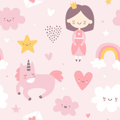 Cute girly fairytale scandinavian pattern. Pink seamless vector print for baby textile and nursery.