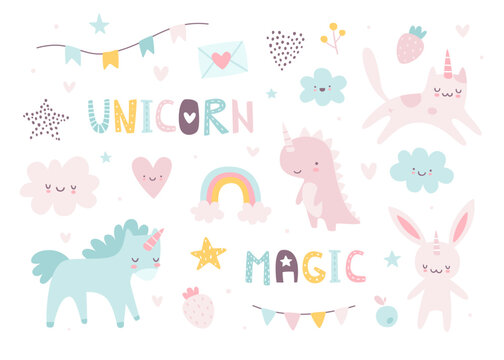 Cute unicorn baby animals set. Girly unicorns vector collection. Kawaii animals set.