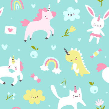Unicorn animals cute baby pattern. Seamless vector colorful girly print for textile and nursery.