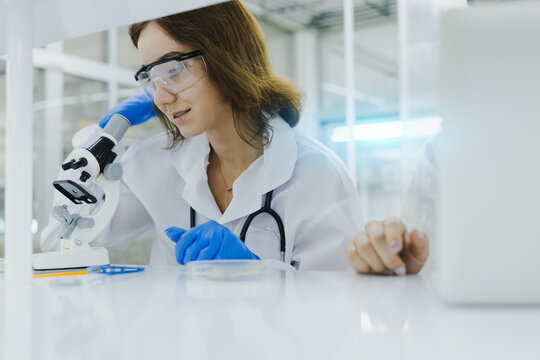 science technology chemist developing concept, female researcher, medical scientist or doctor or student is looking in a microscope in Modern Laboratory	
