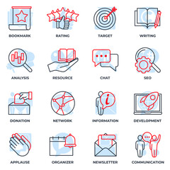 Set of Blogger, blogging icon logo vector illustration. newsletter, target, communication, resource, development, analysis and more pack symbol template for graphic and web design collection