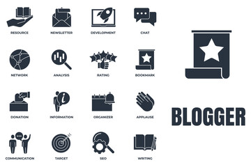 Set of Blogger, blogging icon logo vector illustration. newsletter, target, communication, resource, development, analysis and more pack symbol template for graphic and web design collection