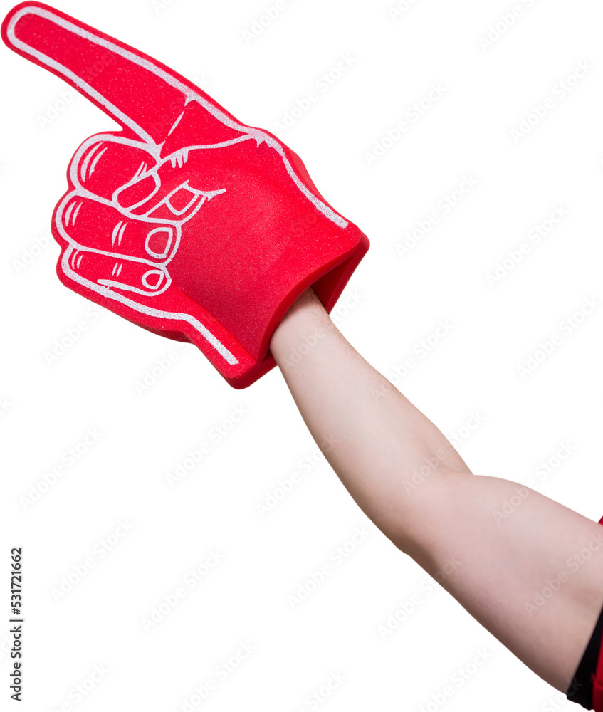 Poster Image of hand of caucasian man with giant red foam finger pointing up