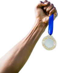 Image of hand of african american man holding silver medal with blue ribbon