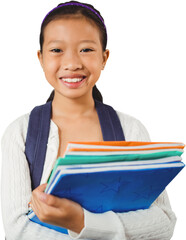 Portrait of smiling asian female student holding books