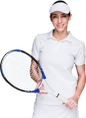 Image of smiling female caucasian tennis player holding tennis racket