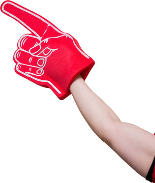 Image of hand of caucasian man with giant red foam finger pointing up