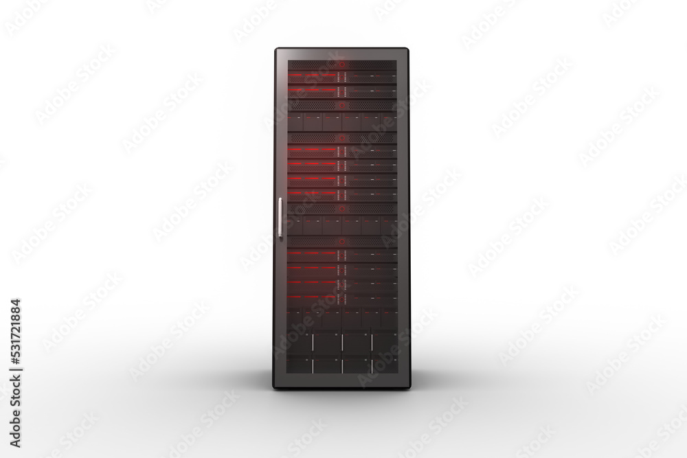 Poster image of computer server with red lights