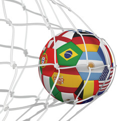 Image of football with national flags hitting net of goal