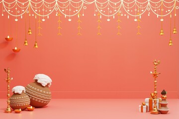 3d render of Happy Pongal Holiday Harvest Festival of Tamil Nadu South India, product display in blue background