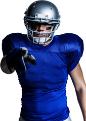 Image of biracial male american football player wearing silver helmet pointing with finger