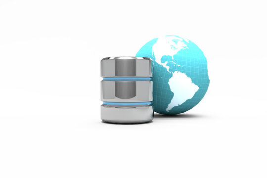 Image of silver computer server and globe