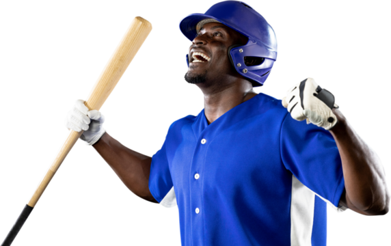 Image of cheering african american male baseball player wearing helmet holding bat - Powered by Adobe