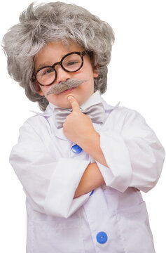 Image of caucasian boy wearing lab coat, sunglasses and wig dressed as scientist