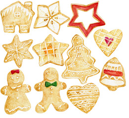 Watercolor cookies set, 50 0dpi png file with transparent background,  graphic recourse for logos, patterns, web, greeting cards, baking shop menus 